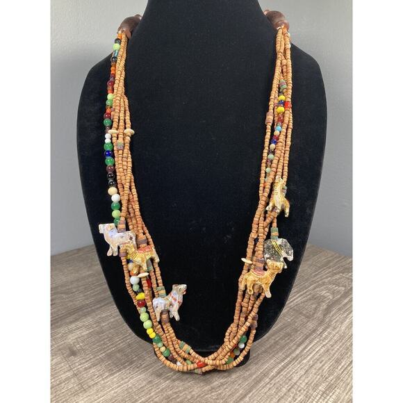 Vtg Fetish Bib Necklace Wooden Ethnic Animals w/ Shell, Glass Beads Hand Carved - Picture 1 of 9